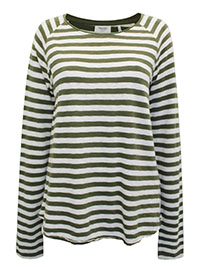 MoP SAGE Pure Cotton Striped Long Sleeve Raw Trim Top - Size 10 to 12 (S to M)