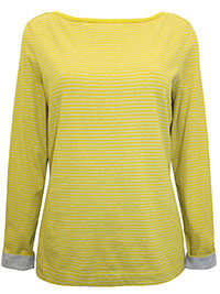 WS YELLOW Pure Cotton Contrast Cuff Striped Long Sleeve Top - Plus Size 12 to 22