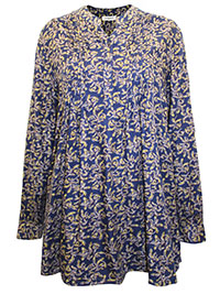 NAVY Floral Print Half Button Pintuck Tunic - Plus Size 14 to 26