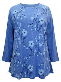 BLUE Pure Cotton Floral Print 3/4 Sleeve Top - Plus Size 18/20 (1X)