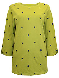 GREEN Pure Cotton Spot Embroidered 3/4 Sleeve Top - Size 8/10 to 24/26 (S to XXL)