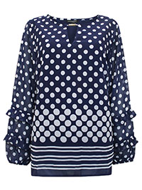 NAVY Spot Print Ruffle Sleeve Bar Keyhole Woven Top - Plus Size 12 to 18