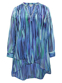 BLUE Sapphire Ikat Texture Beaded Beauty Asymmetric Tunic - Plus Size 16/18 to 32/34 (US 0X to 4X)