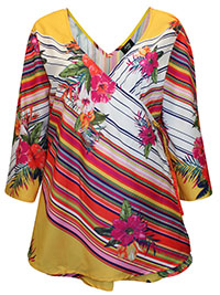 MULTI Tropical Stripe Mock Wrap Kimono Top - Plus Size 14 to 32/34 (US S to 3X)