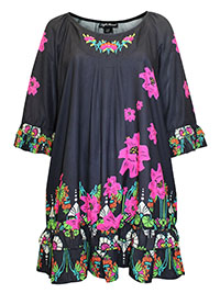 BLACK Flower Embroidery Ruffle Sleeve Swing Tunic - Plus Size 28 to 34 (US 26W to 32W)