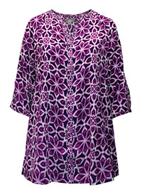 PURPLE Deep Grape Floral Geo Jeweled Neck Twin Print Tunic - Plus Size 16/18 to 32/34 (US 0X to 4X)