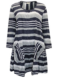 NAVY 3/4 Sleeve Pocket Detail Striped Tunic - Size 12 to 18 (S to L1)