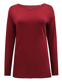 MoP DEEP-RED Pure Cotton Long Sleeve Raw Trim T-Shirt - Size 6 to 16 (XXS to XL)