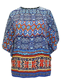 BLUE Ethnic Print Kaftan Sleeve Top - Size 10/12 to 18/20 (EU 36/38 to 44/46)