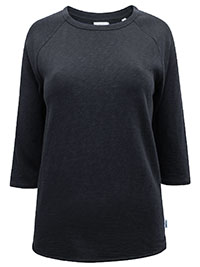 MoP BLACK Organic Cotton Crew Neck 3/4 Sleeve Raw Trim Top - Size 8 to 10 (XS to S)