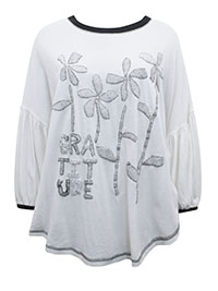 FP IVORY Cotton Embroidered Floral Design Gratitude T-Shirt - Size 8/12 to 12/14 (S to M)