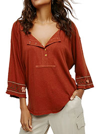 FP CHESTNUT Pure Cotton Embroidered Sleeve Top - Size 4/6 to 16/18 (XS to L)