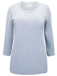 MoP SKY-BLUE Pure Cotton 3/4 Sleeve Raw Trim Top - Size 10 to 12 (S to M)