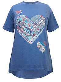 MID-BLUE Cotton Rich Paisley Heart Print Top - Plus Size 14 to 30/32