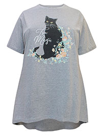 GREY Cotton Rich Floral Cat Print Top - Plus Size 14 to 30/32