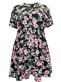 BLACK Floral Print Button Front Smock Top - Plus Size 18 to 38/40