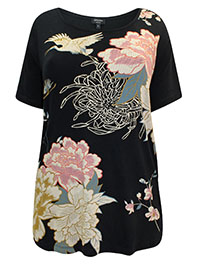 GREY Oriental Floral Half Sleeve Top - Plus Size 24 to 28