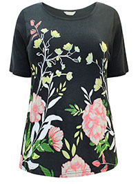 BLACK Pure Cotton Floral Print Half Sleeve Top - Plus Size 16 to 32