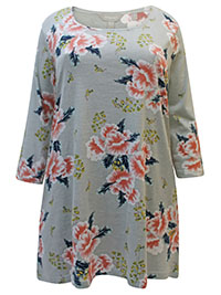 GREY Pure Cotton Oriental Floral 3/4 Sleeve Top - Plus Size 24 to 32
