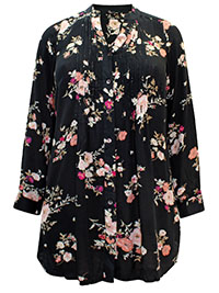 BLACK Floral Print Sequin Embellished Pintuck Shirt - Plus Size 16 to 38/40