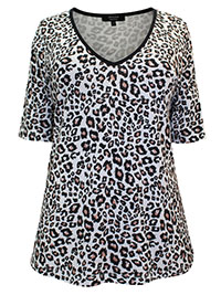WHITE Animal Print V-Neck Short Sleeve Top - Plus Size 14 to 26