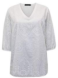 WHITE Pure Cotton Embroidered Eyelet Volume Sleeve Top - Size 10 to 20 (EU 36 to 46)