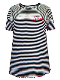 BLACK Pure Cotton Striped 'Sassy' Slogan Lounge Top - Size 8/10 to 32/34