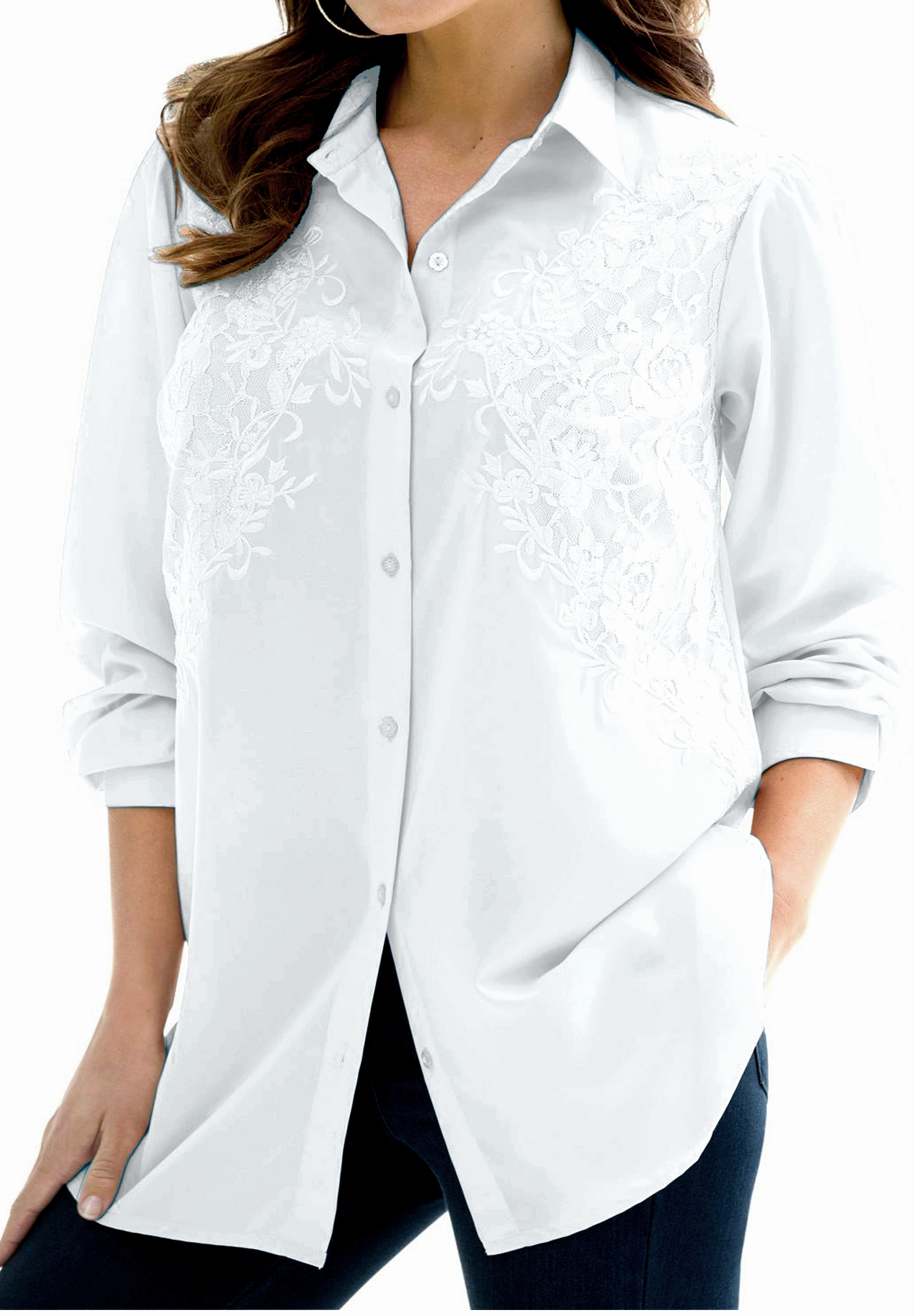 Denim 24/7 - - Denim 24/7 WHITE Longline Embroidered Shirt - Plus Size ...
