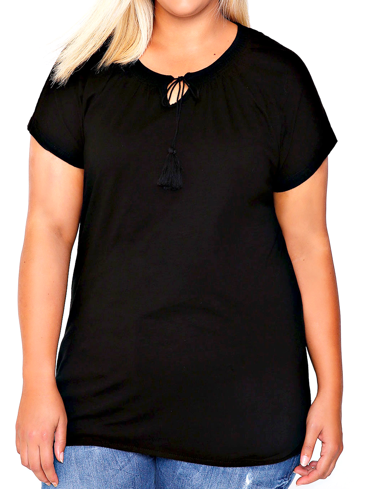 CURVE Yours BLACK Pure Cotton Short Sleeve Tassel Tie Gypsy Top