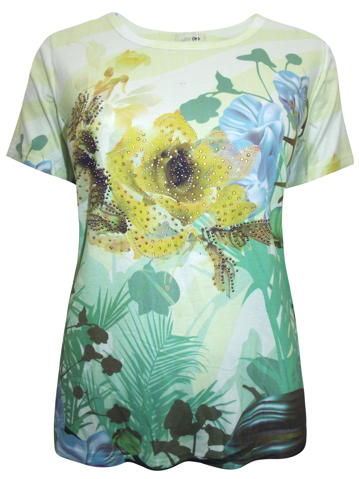 Forever One - - ForeverOne YELLOW Short Sleeve Floral Print Embellished ...