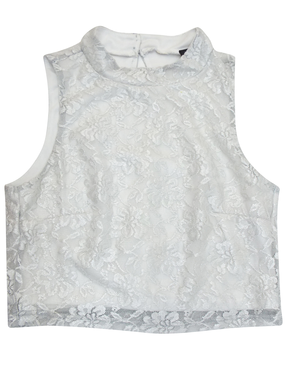 Miss Selfridge - - SILVER Lace High Neck Crop Top - Size 6 to 8