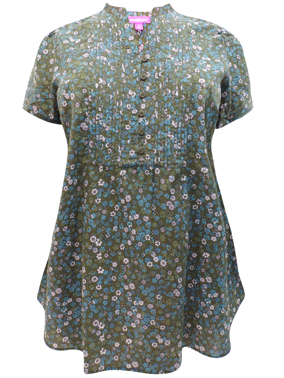 Woman Within - - Woman Within GREEN Floral Print Pleated Short Sleeve ...