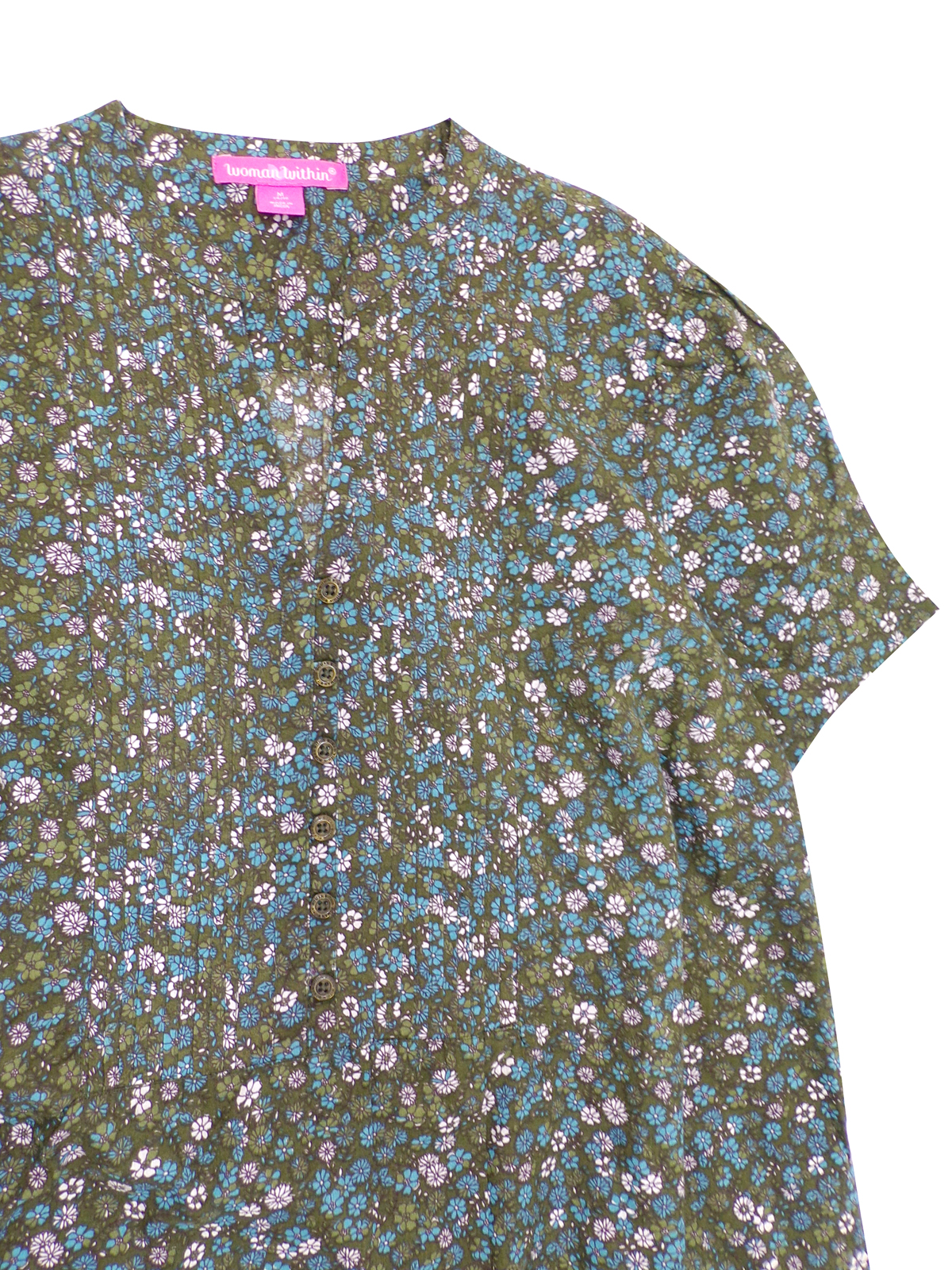 Woman Within - - Woman Within GREEN Floral Print Pleated Short Sleeve ...