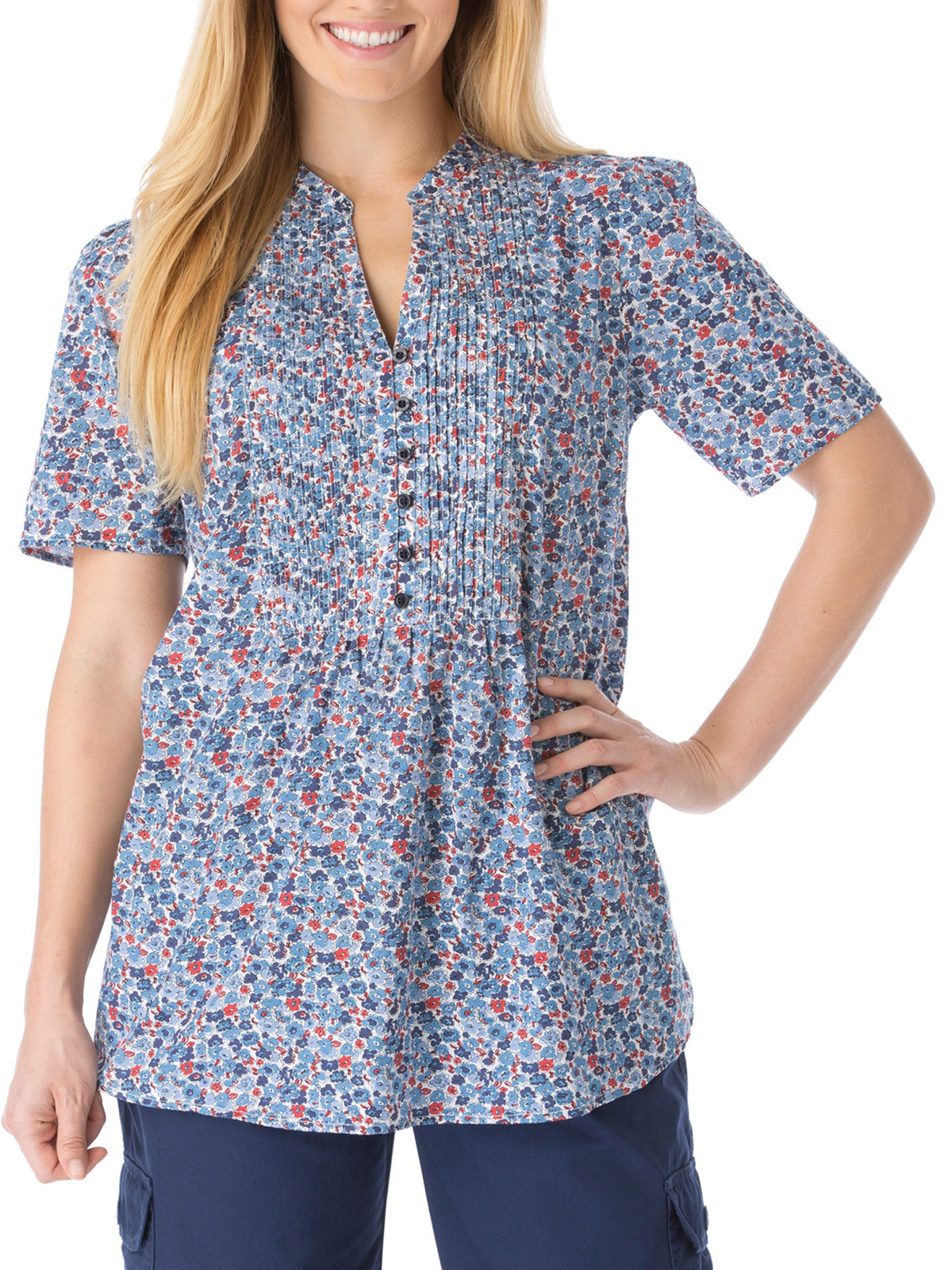 Woman Within Woman Within BLUE Floral Print Pleated Short Sleeve