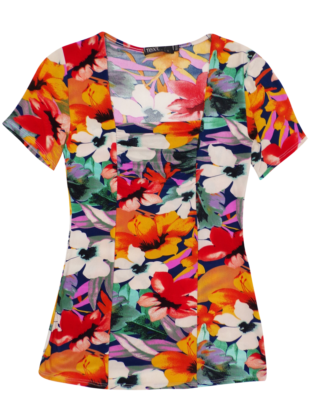 //text.. - - MULTI Ruched Front Floral Print Short Sleeve Top - Size 6 ...