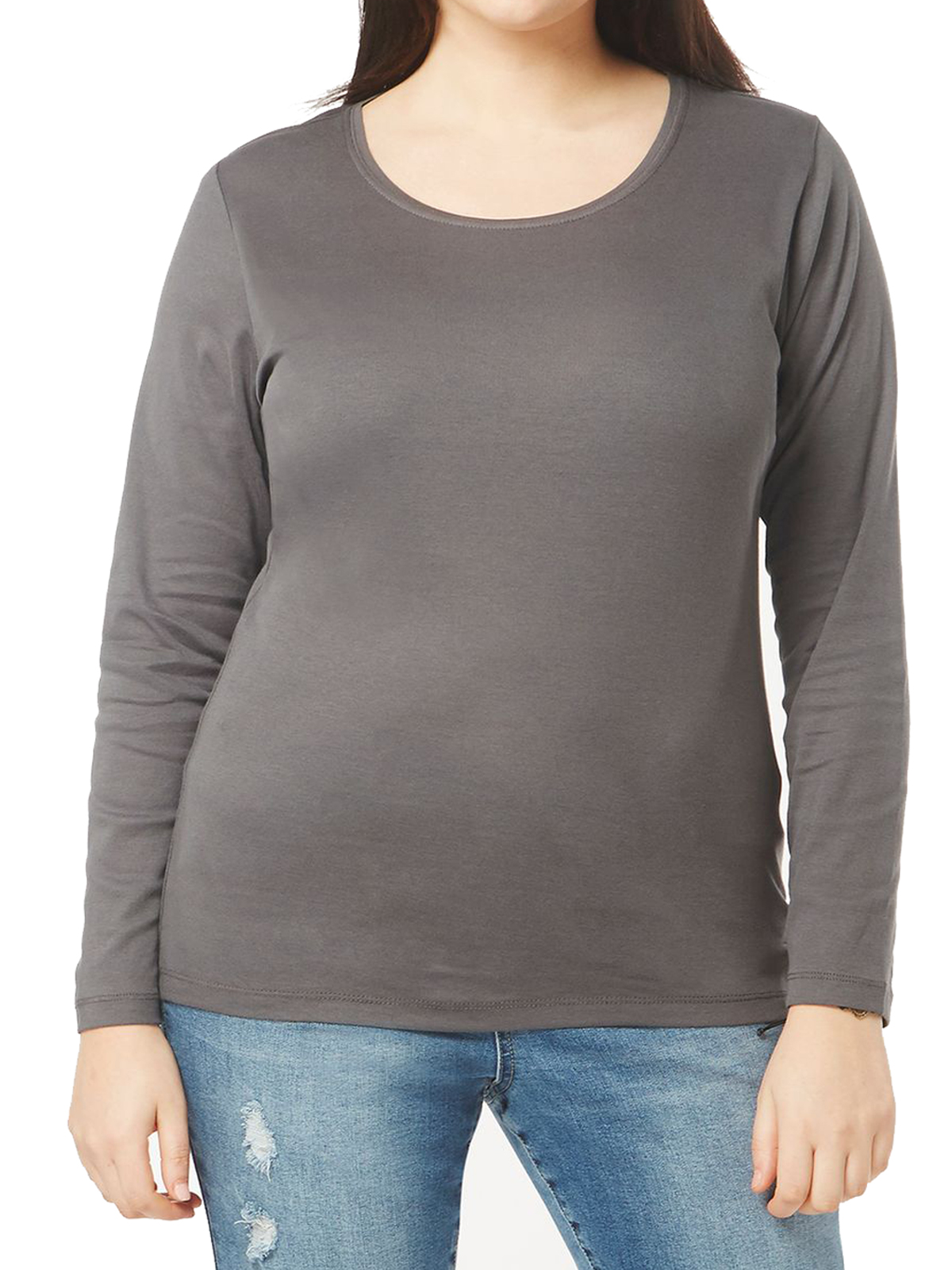 3vans CHARCOAL Pure Cotton Long Sleeve Top - Plus Size 16 to 22/24