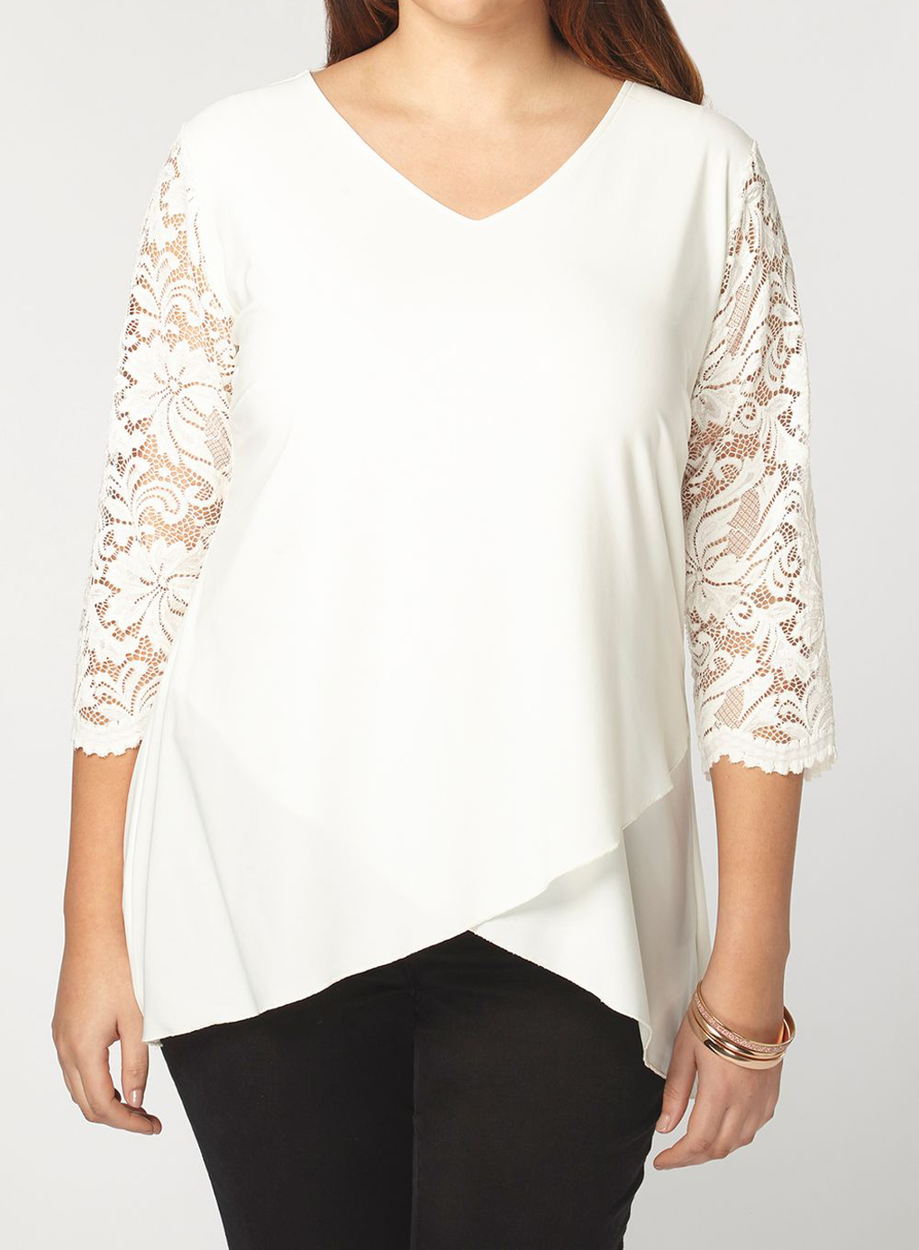 Grace (Made In Britain) - - Grace IVORY Lace Sleeve Tunic Top - Plus ...
