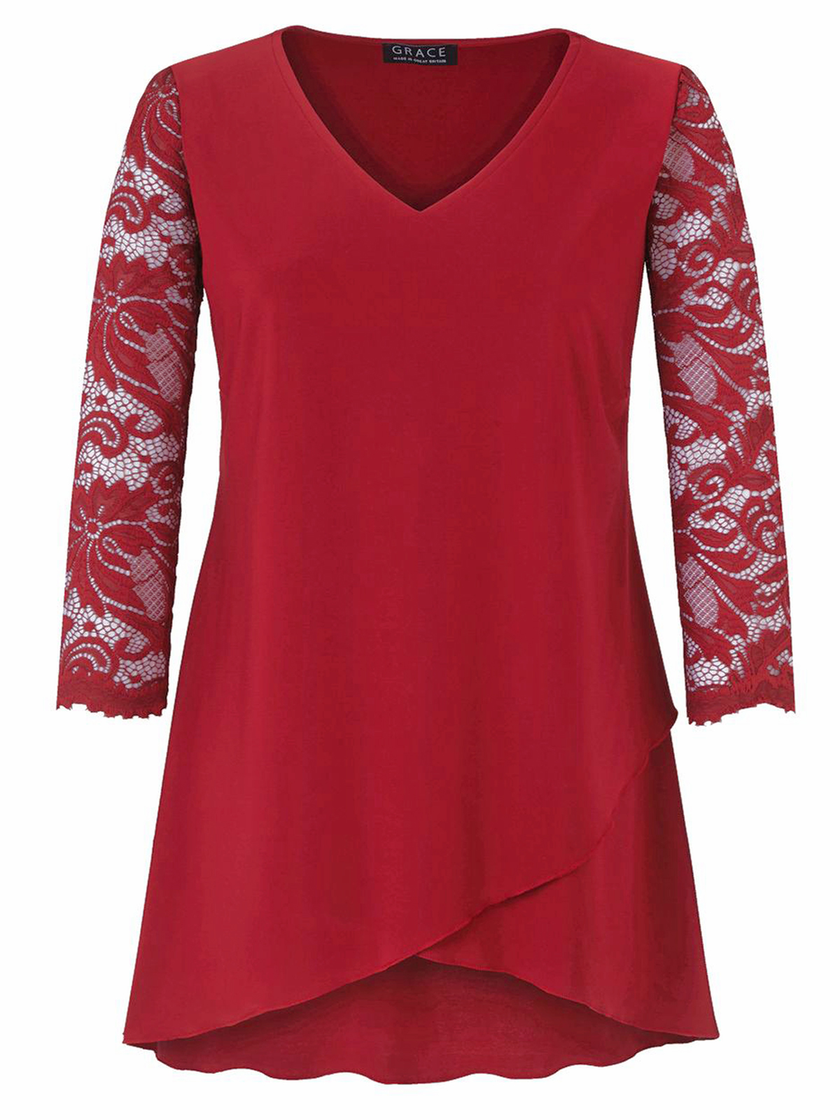 Grace (Made In Britain) - - Grace RED Lace Sleeve Tunic Top - Plus Size ...