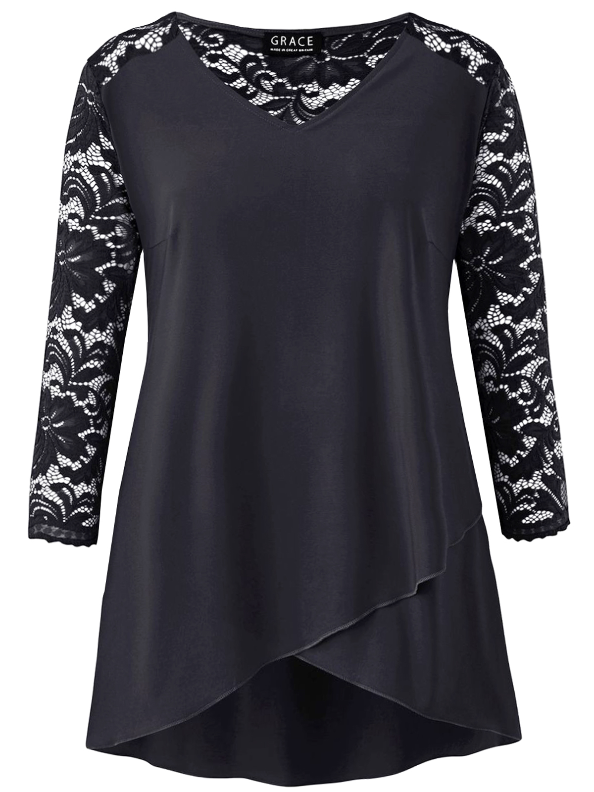 Grace (Made In Britain) - - Grace BLACK Lace Sleeve Tunic Top - Size 8 ...