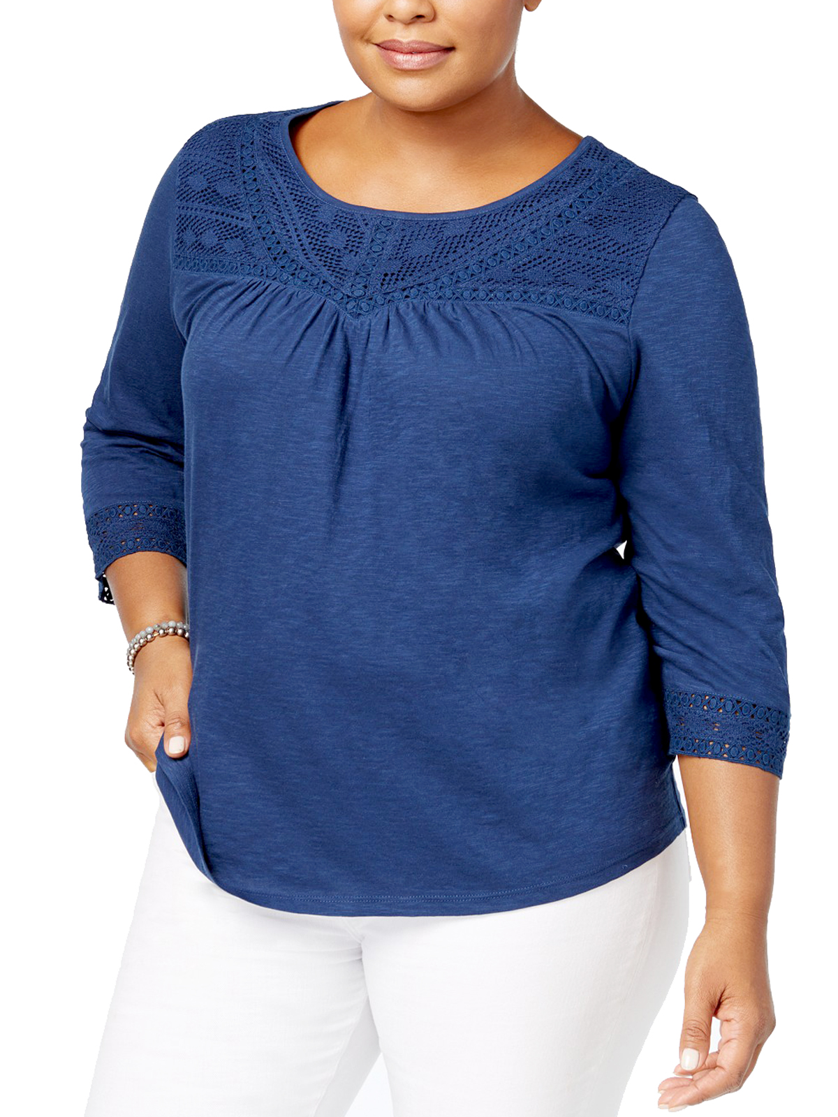 Wholesale ex- Style&Co Regular and Plus Size Clothing - - Style&Co. NAVY  Cotton Crochet Trim Top - Plus Size 12/14 to 24/26 (0X to 3X)