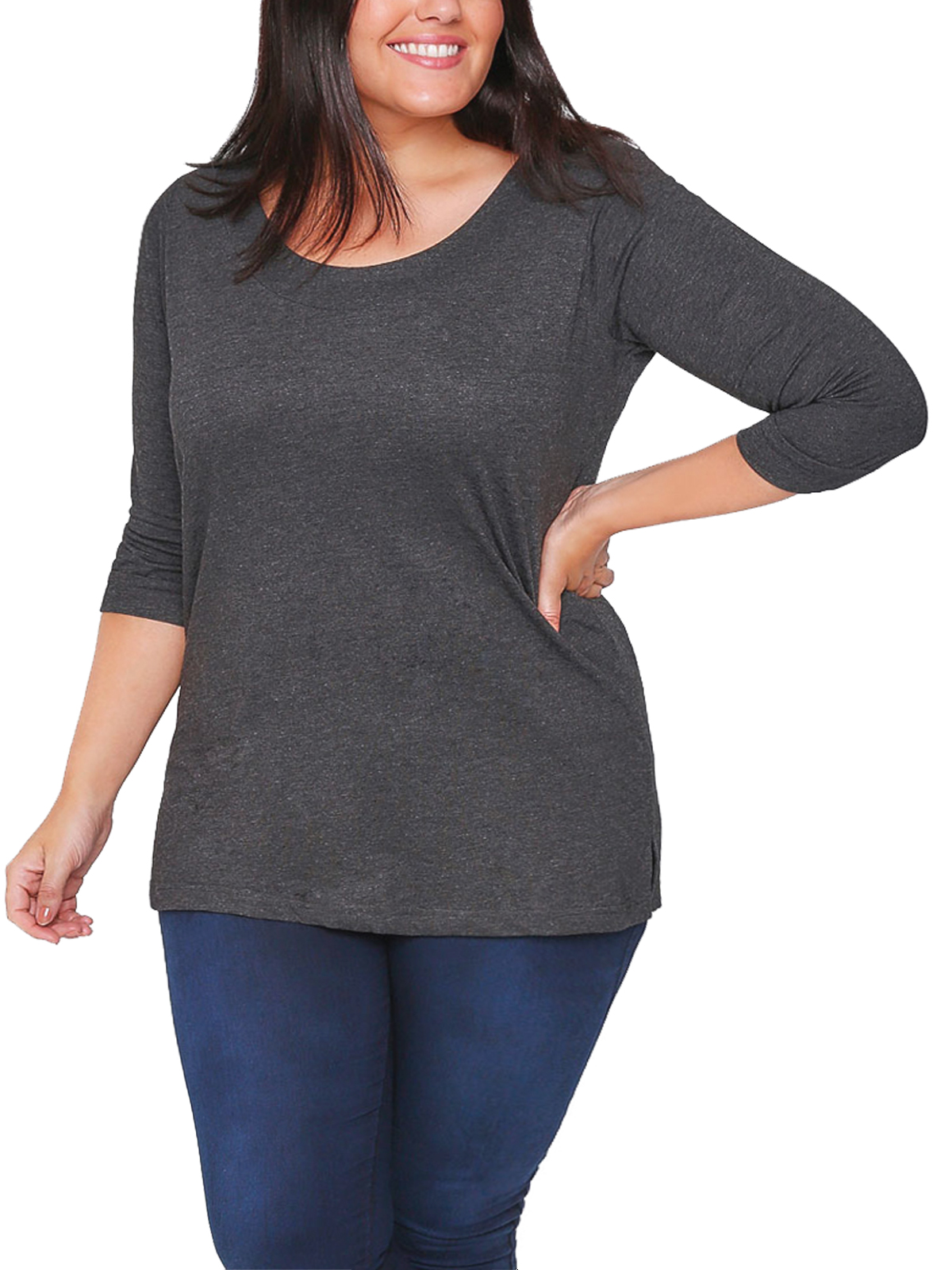 CURVE - - Y0urs CHARCOAL Band Scoop Neckline 3/4 Sleeves T-Shirt - Plus ...