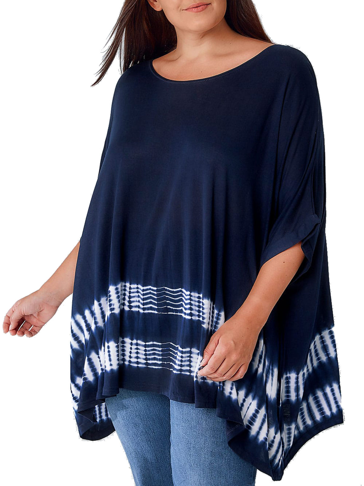 CURVE Y0URS NAVY White TieDye Border GrownOn Sleeve Oversize Top