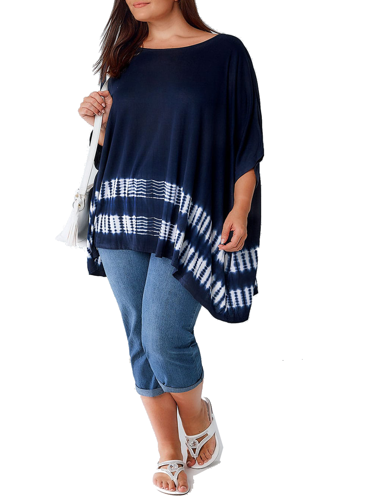 CURVE Y0URS NAVY White TieDye Border GrownOn Sleeve Oversize Top