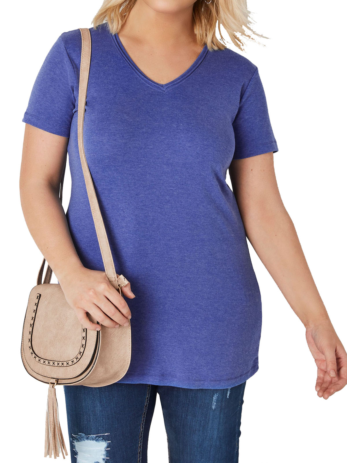 Curve Yours Blue Cotton Rich Ribbed V Neck T Shirt Plus Size 16 To 30 32