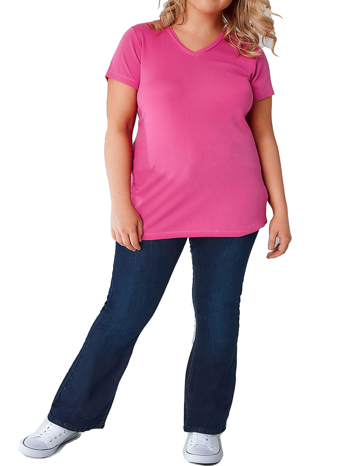 CURVE - - Yours FUCHSIA-PINK Pure Cotton Ribbed V-Neck T-Shirt - Plus ...