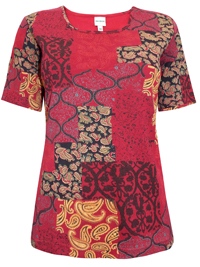DW Shop RED Pure Cotton Patchwork Print Half Sleeve T-Shirt - Size 10 to 28 (36 to 54) DW Shop RED Pure Cotton Patchwork Print Half Sleeve T-Shirt - Size 10 to 28 (36 to 54)