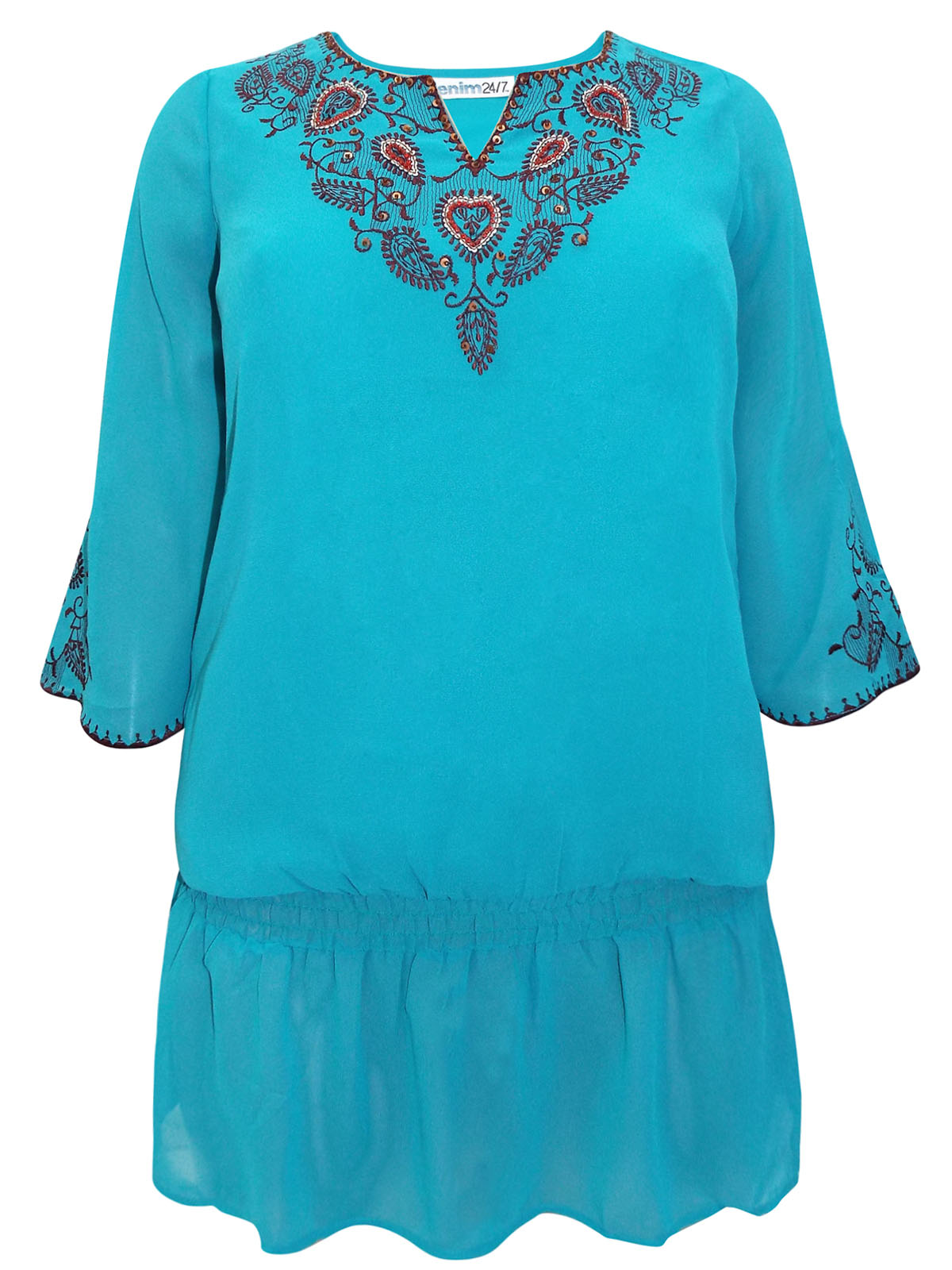 Denim 24/7 - - Denim 24/7 TURQUOISE Ethnic Embroidered Smock Hem Top ...