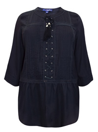 Roamans Denim 24/7 BLACK Pleated Lace Up 3/4 Sleeve Top - Plus Size 14 to 32 (US 12W to 30W) Roamans Denim 24/7 BLACK Pleated Lace Up 3/4 Sleeve Top - Plus Size 14 to 32 (US 12W to 30W)