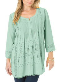 Roamans Denim 24/7 DUSTY-GREEN Eyelet Lace Pleat Front Tunic - Plus Size 14 to 34 (US 12W to 32W) Roamans Denim 24/7 DUSTY-GREEN Eyelet Lace Pleat Front Tunic - Plus Size 14 to 34 (US 12W to 32W)