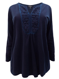 ULLA POPK3N DEEP-BLUE Pure Cotton Woven Lace Classic Fit Top - Plus Size 20/22 to 28/30